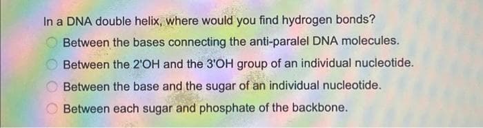 In a DNA double helix, where would you find hydrogen bonds?
Between the bases connecting the anti-paralel DNA molecules.
Between the 2'OH and the 3'OH group of an individual nucleotide.
Between the base and the sugar of an individual nucleotide.
Between each sugar and phosphate of the backbone.
