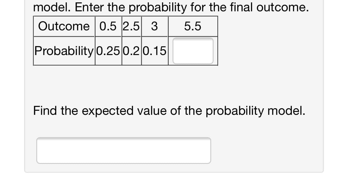 model. Enter the probability for the final outcome.
Outcome 0.5 2.5 3 5.5
Probability 0.25 0.20.15
Find the expected value of the probability model.
