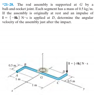 *21-28. The rod assembly is supported at G by a
ball-and-socket joint. Each segment has a mass of 0.5 kg/m.
If the assembly is originally at rest and an impulse of
I= {-8k} N•s is applied at D, determine the angular
velocity of the assembly just after the impact.
I = {-Sk} N -s
0.5 m
0.5 m
1m
