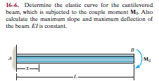 16-6. Determine the elastic curve for the cantilevered
beam, which is subjected to the couple moment Ma. Also
calculate the maximum slope and maximum deflection of
the beam. El is constant.
M.
