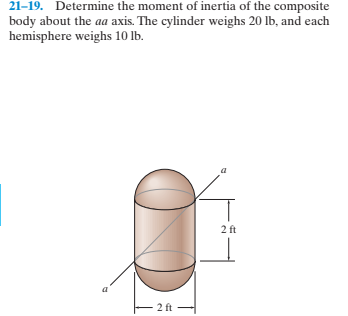 21-19. Determine the moment of inertia of the composite
body about the aa axis. The cylinder weighs 20 lb, and each
hemisphere weighs 10 lb.
2 ft
2 ft
