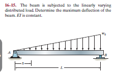 16-15. The beam is subjected to the linearly varying
distributed load. Determine the maximum deflection of the
beam. El is constant.
