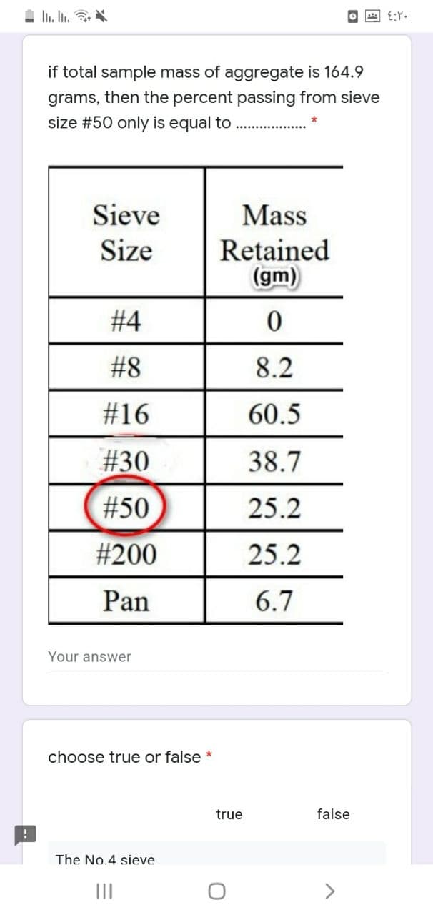 1 li. It. N
E:Y.
if total sample mass of aggregate is 164.9
grams, then the percent passing from sieve
size #50 only is equal to
Sieve
Mass
Size
Retained
(gm)
#4
#8
8.2
#16
60.5
#30
38.7
#50
25.2
#200
25.2
Pan
6.7
Your answer
choose true or false *
true
false
The No.4 sieve
II
<>
