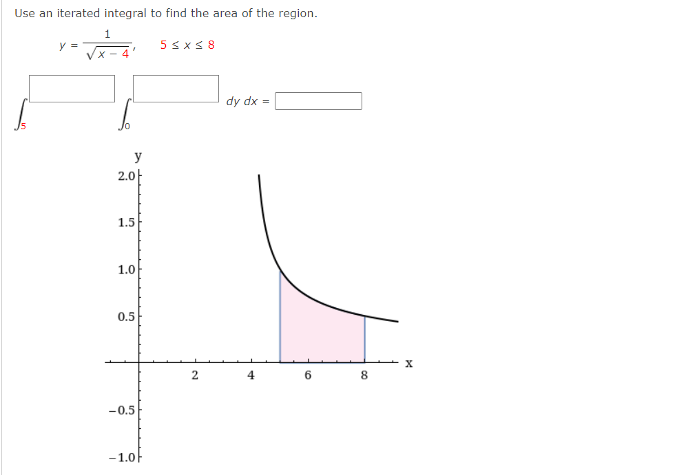 Use an iterated integral to find the area of the region.
y =
5 < x< 8
Vx- 4
dy dx =
y
2.0-
1.5
1.0
0.5
4
6.
8
-0.5
-1.0F
