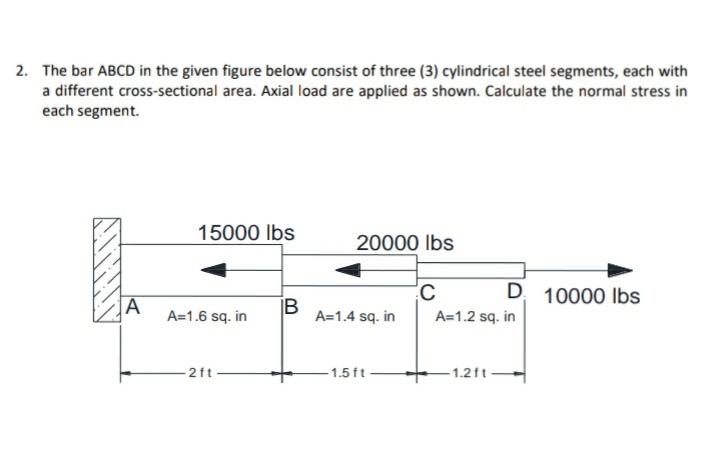 2. The bar ABCD in the given figure below consist of three (3) cylindrical steel segments, each with
a different cross-sectional area. Axial load are applied as shown. Calculate the normal stress in
each segment.
15000 lbs
20000 lbs
D. 10000 Ibs
A
A=1.6 sq. in
|B
A=1.4 sq. in
A=1.2 sq. in
2ft-
1.5 ft
1.2ft
