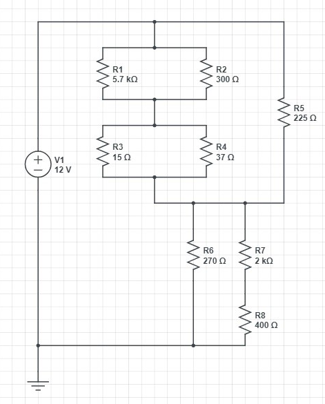 +1
V1
12 V
ww
ww
R1
5.7 ΚΩ
R3
15 Ω
Μ
R2
300 Ω
R4
37 Ω
R6
270 Ω
ww
ww
R7
2 ΚΩ
ww
R8
400 Ω
R5
225 Ω