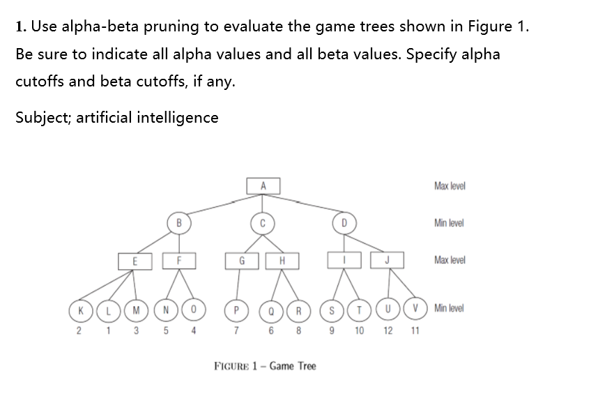 1. Use alpha-beta pruning to evaluate the game trees shown in Figure 1.
Be sure to indicate all alpha values and all beta values. Specify alpha
cutoffs and beta cutoffs, if any.
Subject; artificial intelligence
Max level
B
D
Min level
E
G
H
Max level
U)v) Min level
K)L)(M)
2 1 3 5 4
a)R
7 6 8 9 10 12 11
P
FIGURE 1 – Game Tree

