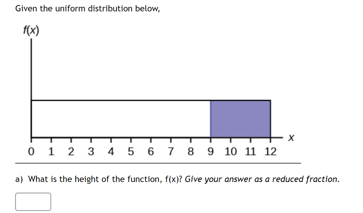 Given the uniform distribution below,
f(x)
0 1 2 3 4 5
7 8
9 10 11 12
a) What is the height of the function, f(x)? Give your answer as a reduced fraction.
