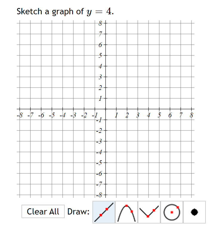 Sketch a graph of y = 4.
용+
7.
-8 -7 -6 -5 -4 -3 -2 -1
I 2 3 4 5 6 7 8
-2
=3-
|
-4
-5-
-6-
-7
-8+
Clear All Draw:
