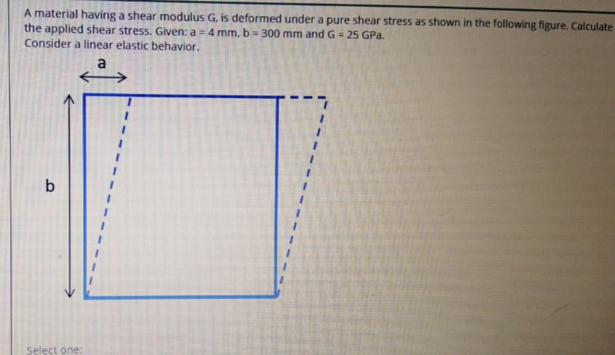 A material having a shear modulus G, is deformed under a pure shear stress as shown in the following figure. Calculate
the applied shear stress. Given: a = 4 mm, b 300 mm and G 25 GPa.
Consider a linear elastic behavior.
a
b
Select one:
