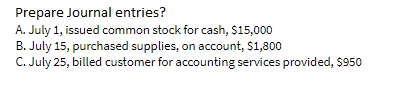 Prepare Journal entries?
A. July 1, issued common stock for cash, $15,000
B. July 15, purchased supplies, on account, $1,800
C. July 25, billed customer for accounting services provided, $950