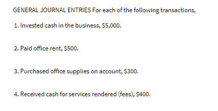GENERAL JOURNAL ENTRIES For each of the following transactions,
1. Invested cash in the business, $5,000.
2. Paid office rent, $500.
3. Purchased office supplies on account, $300.
4. Received cash for services rendered (fees), $400.
