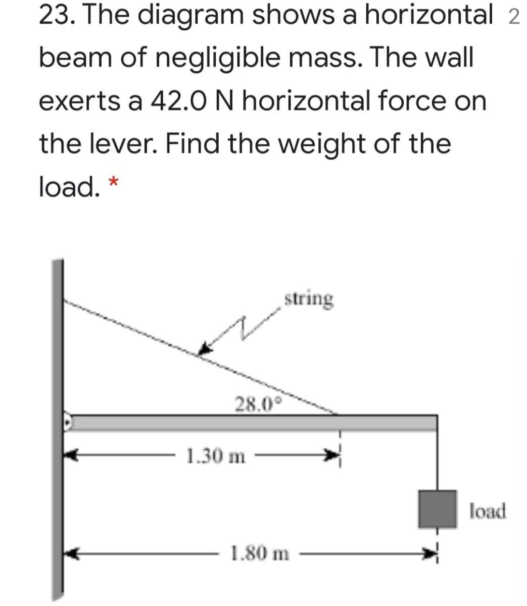 23. The diagram shows a horizontal 2
beam of negligible mass. The wall
exerts a 42.O N horizontal force on
the lever. Find the weight of the
load. *
string
28.0°
1.30 m
load
1.80 m
