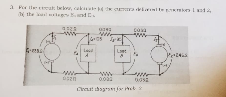 3. For the circuit below, calculate (a) the currents delivered by generators 1 and 2,
(b) the load voltages EA and EB.
0.020
0.082
0.030
ww
4=105
Ig:95
(+)
(+)
E-238.2
Load
EA
Load
B
EB
E2=246.2
(-)
-),
0.020
0.082
0.032
Circuit diagram for Prob. 3
