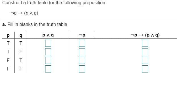 Construct a truth table for the following proposition.
-p - (Pa q)
a. Fill in blanks in the truth table.
T
F
F
F
