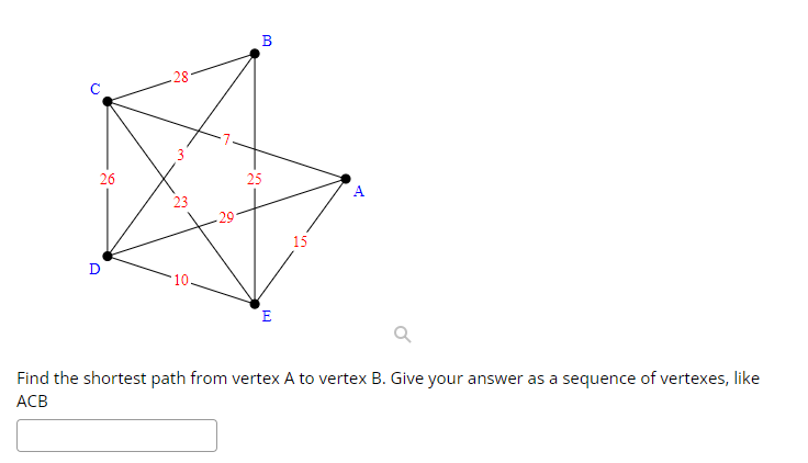 26
D
28
m
23
29
B
25
E
15
A
Q
Find the shortest path from vertex A to vertex B. Give your answer as a sequence of vertexes, like
ACB