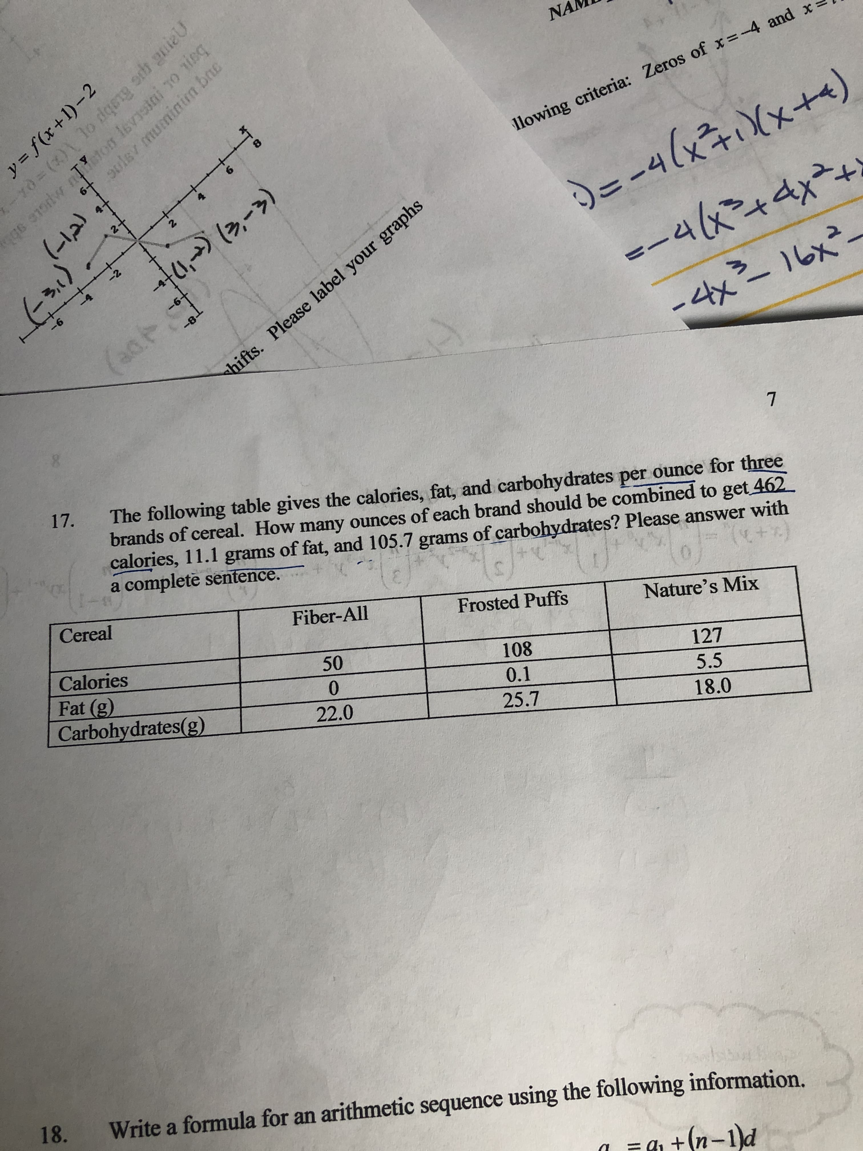 The following table gives the calories, fat, and carbohydrates per ounce for three
brands of cereal. How many ounces of each brand should be combined to get 462
calories, 11.1 grams of fat, and 105.7 grams of carbohydrates? Please answer with
complete sentence.
17.
(+)
a
Fiber-All
Frosted Puffs
Nature's Mix
Cereal
50
108
127
Calories
0.
0.1
5.5
Fat (g)
Carbohydrates(g)
22.0
25.7
18.0
