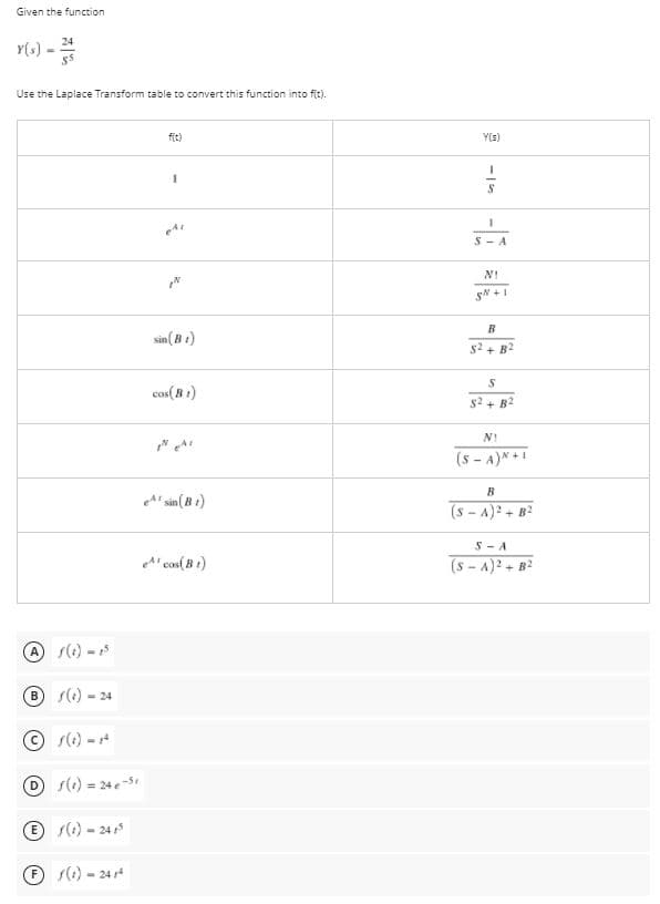 Given the function
24
Y(s) -
%3D
Use the Laplace Transform table to convert this function into f(t).
f(t)
Y(s)
S - A
N!
B
sin(B t)
s2 + B2
cos(B 1)
s2 + B2
N!
(s - A)X+1
B
Al sin(B 1)
(s - A)? + B2
5 - A
A cos( B t)
(s - A)? + B?
s(i) - 15
B s() - 24
© s(1) -
D.
s(1) = 24e-5
S) - 24
E
s() - 24 4
