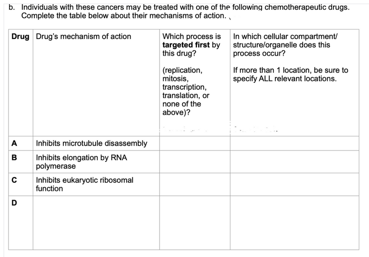 b. Individuals with these cancers may be treated with one of the following chemotherapeutic drugs.
Complete the table below about their mechanisms of action. ,
Which process is
targeted first by
this drug?
In which cellular compartment/
structure/organelle does this
process occur?
Drug Drug's mechanism of action
If more than 1 location, be sure to
specify ALL relevant locations.
(replication,
mitosis,
transcription,
translation, or
none of the
above)?
A
Inhibits microtubule disassembly
В
Inhibits elongation by RNA
polymerase
Inhibits eukaryotic ribosomal
function
