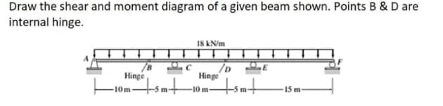 Draw the shear and moment diagram of a given beam shown. Points B & D are
internal hinge.
I8 KN/m
/D E
Hinge
Hinge
10m
10 m
15 m
