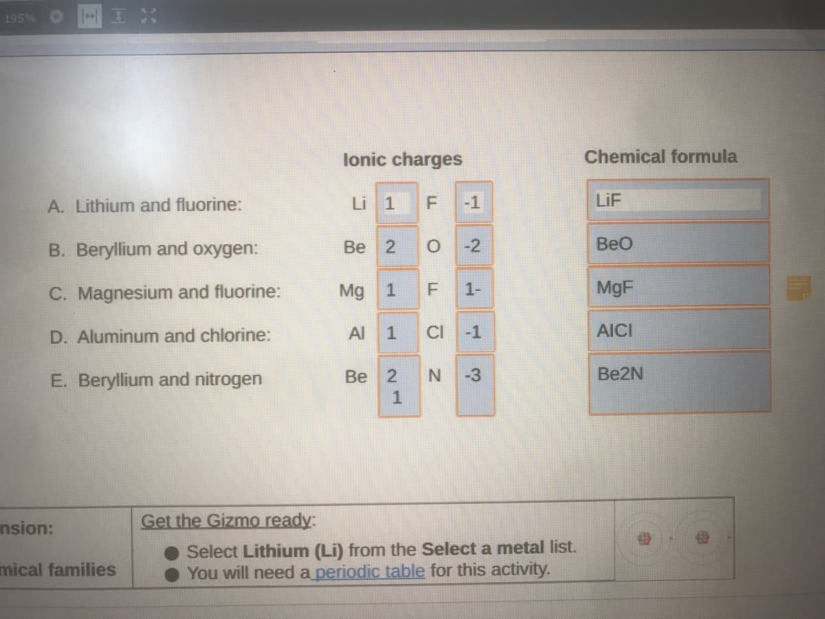 195%
lonic charges
Chemical formula
A. Lithium and fluorine:
Li 1
-1
LiF
B. Beryllium and oxygen:
-2
BeO
Be
C. Magnesium and fluorine:
Mg
1-
MgF
D. Aluminum and chlorine:
Al
1
CI -1
AICI
E. Beryllium and nitrogen
Be 2
N.
-3
Be2N
1
nsion:
Get the Gizmo ready:
Select Lithium (Li) from the Select a metal list.
You will need a periodic table for this activity.
mical families
2)
