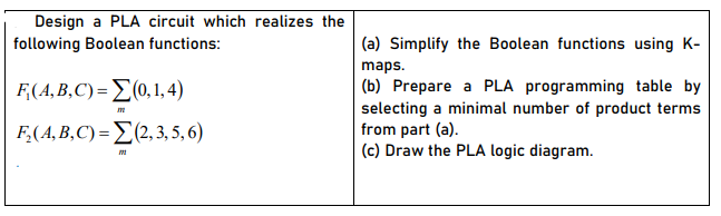 Design a PLA circuit which realizes the
following Boolean functions:
(a) Simplify the Boolean functions using K-
maps.
F(4, B,C) = E(0,1, 4)
(b) Prepare a PLA programming table by
selecting a minimal number of product terms
from part (a).
(c) Draw the PLA logic diagram.
E(ABC) -Σ23,5, 6)
