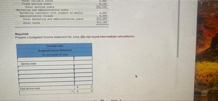 Other variabie coeta
5,806
9,100
$42,500
Fixed service oonta
Total service conts
Marketing and adninistrative costa
Marketing (variable vith respeet to neala)
Administrative (Eixed)
Total narketing and adminietrative conta
6,400
4,200
$10,600
2otal conta
$53,100
Required:
Prepare a budgeted income statement for June. (Do not round intermedlate calculations.)
Carreras Cafe
Budgeted Income Sitatement
For the month of June
Service conts
Total service costo
Alext
