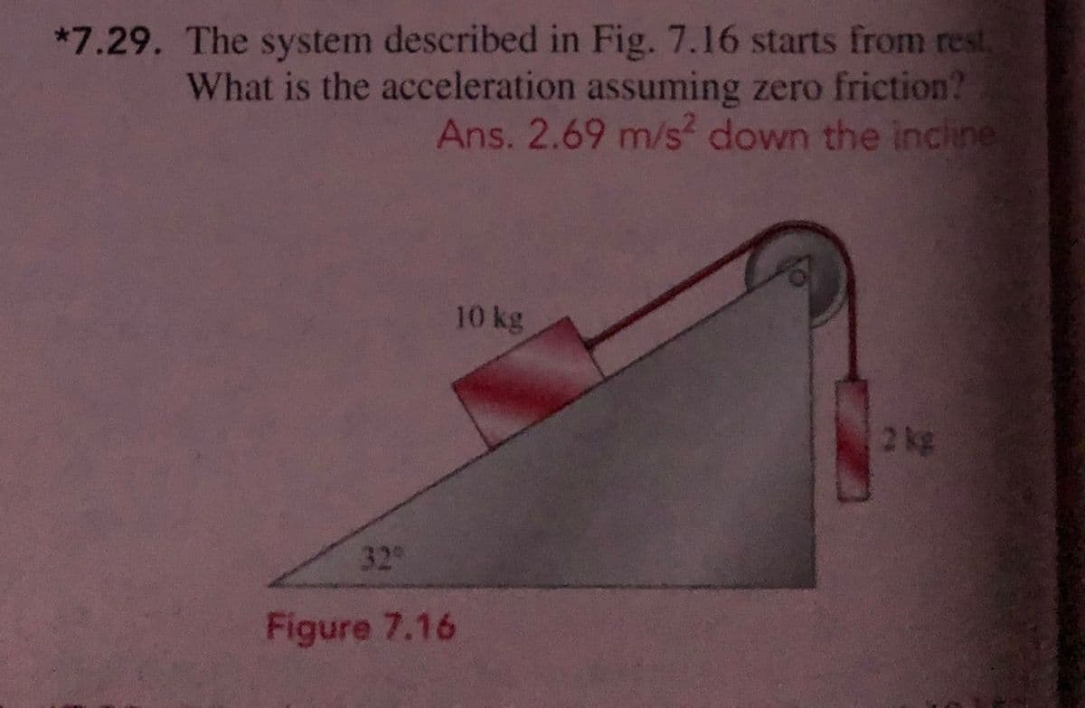 *7.29. The system described in Fig. 7.16 starts from rest.
What is the acceleration assuming zero friction?
Ans. 2.69 m/s down the incine
10 kg
2 kg
32
Figure 7.16
