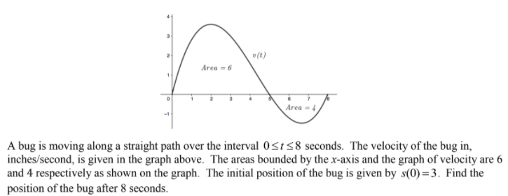 (t)
Area = 6
Area = 4
A bug is moving along a straight path over the interval 0<t<8 seconds. The velocity of the bug in,
inches/second, is given in the graph above. The areas bounded by the x-axis and the graph of velocity are 6
and 4 respectively as shown on the graph. The initial position of the bug is given by s(0)=3. Find the
position of the bug after 8 seconds.
