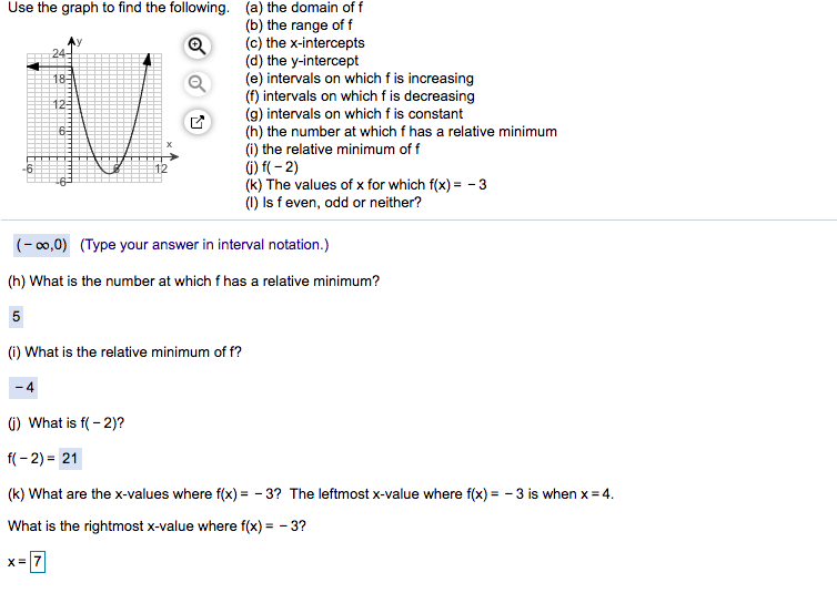 Use the graph to find the following. (a) the domain of f
(b) the range of f
(c) the x-intercepts
(d) the y-intercept
(e) intervals on which f is increasing
(f) intervals on which f is decreasing
(g) intervals on which f is constant
(h) the number at which f has a relative minimum
(i) the relative minimum of f
G) f( - 2)
(k) The values of x for which f(x) = - 3
18
125
6
(1) Is feven, odd or neither?
(- 00,0) (Type your answer in interval notation.)
(h) What is the number at which f has a relative minimum?
(1) What is the relative minimum of f?
G) What is f( - 2)?
f(- 2) = 21
(k) What are the x-values where f(x) = - 3? The leftmost x-value where f(x) = - 3 is when x = 4.
t are
What is the rightmost x-value where f(x) = - 3?
X=
