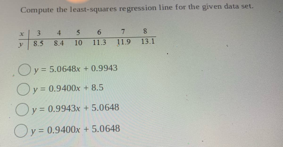 Compute the least-squares regression line for the given data set.
3.
4
6.
7.
8.5
8.4
10
11.3
11.9
13.1
= 5.0648x + 0.9943
Oy = 0.9400x + 8.5
Oy = 0.9943x + 5.0648
Oy= 0.9400x + 5.0648
