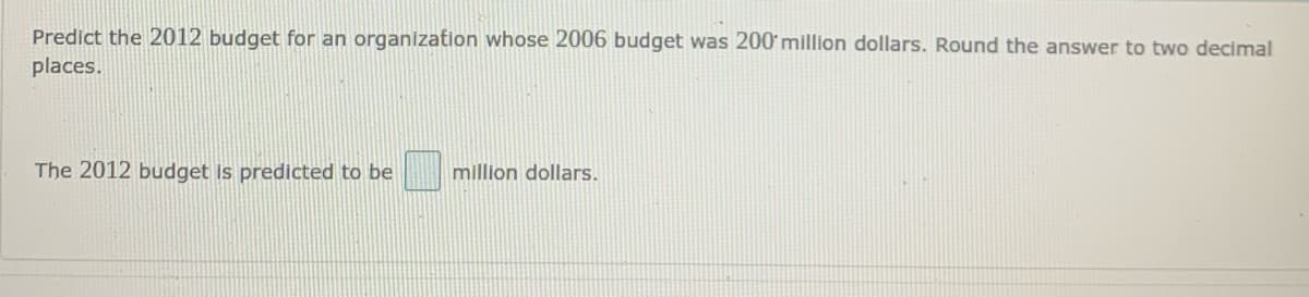 Predict the 2012 budget for an organization whose 2006 budget was 200 million dollars. Round the answer to two decimal
places.
The 2012 budget is predicted to be
million dollars.
