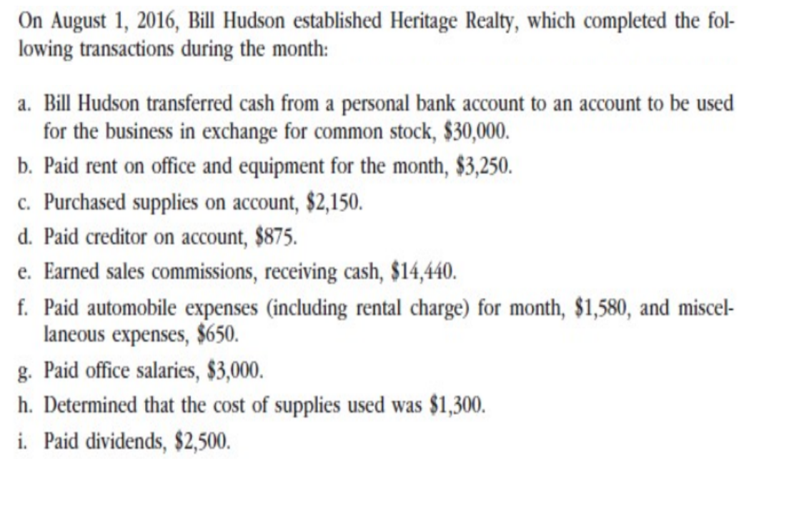 On August 1, 2016, Bill Hudson established Heritage Realty, which completed the fol-
lowing transactions during the month:
a. Bill Hudson transferred cash from a personal bank account to an account to be used
for the business in exchange for common stock, $30,000.
b. Paid rent on office and equipment for the month, $3,250.
c. Purchased supplies on account, $2,150.
d. Paid creditor on account, $875.
e. Earned sales commissions, receiving cash, $14,440.
f. Paid automobile expenses (including rental charge) for month, $1,580, and miscel-
laneous expenses, $650.
g. Paid office salaries, $3,000.
h. Determined that the cost of supplies used was $1,300.
i. Paid dividends, $2,500.
