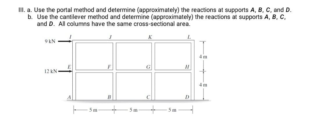 II. a. Use the portal method and determine (approximately) the reactions at supports A, B, C, and D.
b. Use the cantilever method and determine (approximately) the reactions at supports A, B, C,
and D. All columns have the same cross-sectional area.
K
L
9 kN
4 m
E
F
G
12 kN
4 m
A
В
D
5 m
5 m
5 m
