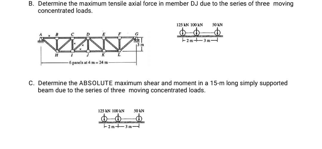 B. Determine the maximum tensile axial force in member DJ due to the series of three moving
concentrated loads.
125 kN 100 kN
50 kN
E
G
-2 m-3 m
13 m
L.
6 panels at 4 m = 24 m
C. Determine the ABSOLUTE maximum shear and moment in a 15-m long simply supported
beam due to the series of three moving concentrated loads.
125 kN 100 kN
50 kN
2m- 3 m-
