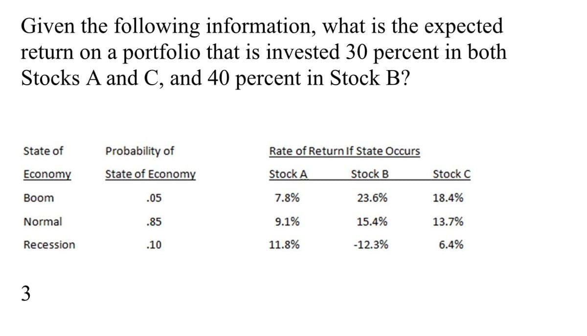 Given the following information, what is the expected
return on a portfolio that is invested 30 percent in both
Stocks A and C, and 40 percent in Stock B?
State of
Probability of
Rate of Return If State Occurs
Economy
State of Economy
Stock A
Stock B
Stock C
Вoom
.05
7.8%
23.6%
18.4%
Normal
.85
9.1%
15.4%
13.7%
Recession
.10
11.8%
-12.3%
6.4%
3
