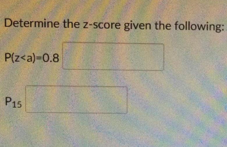 Determine the z-score given the following:
P(z<a)=0.8
P15
