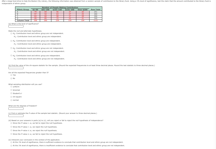 After a large fund drive to help the Boston City Library, the following information was obtained from a random sample of contributors to the library fund. Using a 1% level of significance, test the claim that the amount contributed to the library fund is
Independent of ethnic group.
Number of People Making Contribution
$51-100
Ethnic Group 1-50
$101-150
$151-200
Over $200
Row Total
79
97
69
46
37
20
251
27
52
63
25
264
83
60
58
37
28
266
D
99
85
72
53
31
340
Column Total
358
266
239
154
104
1121
(a) What is the level of significance?
State the null and alternate hypotheses.
O Hg: Contribution level and ethnic group are not independent.
H: Contribution level and ethnic group are independent.
O Hg: Contribution level and ethnic group are independent.
H: Contribution level and ethnic group are independent.
O Hg: Contribution level and ethnic group are not independent.
H: Contribution level and ethnic group are not independent.
O Hg: Contribution level and ethnic group are independent.
H: Contribution level and ethnic group are not independent.
(b) Find the value of the chi-square statistic for the sample. (Round the expected frequencies to at least three decimal places. Round the test statistic to three decimal places.)
Are all the expected frequencies greater than 57
O Yes
O No
What sampling distribution will you use?
O uniform
O binomial
O Student's t
O hi-square
O normal
What are the degrees of freedom?
(C) Find or estimate the P-value of the sample test statistic. (Round your answer to three decimal places.)
(d) Based on your answers in parts (a) to (c), will you reject or fall to reject the null hypothesis of independence?
O Since the P-value > a, we fall to reject the null hypothesis.
O Since the P-value > a, we reject the null hypothesis.
O Since the P-value sa, we reject the null hypothesis.
O Since the P-value sa, we fail to reject the null hypothesis.
(e) Interpret your condlusion in the context af the application.
O At the 1% level of significance, there is sufficient evidence to condlude that contribution level and ethnic group are not independent.
O At the 1% level of significance, there is insufficient evidence to conclude that contribution level and ethnic group are not independent.
