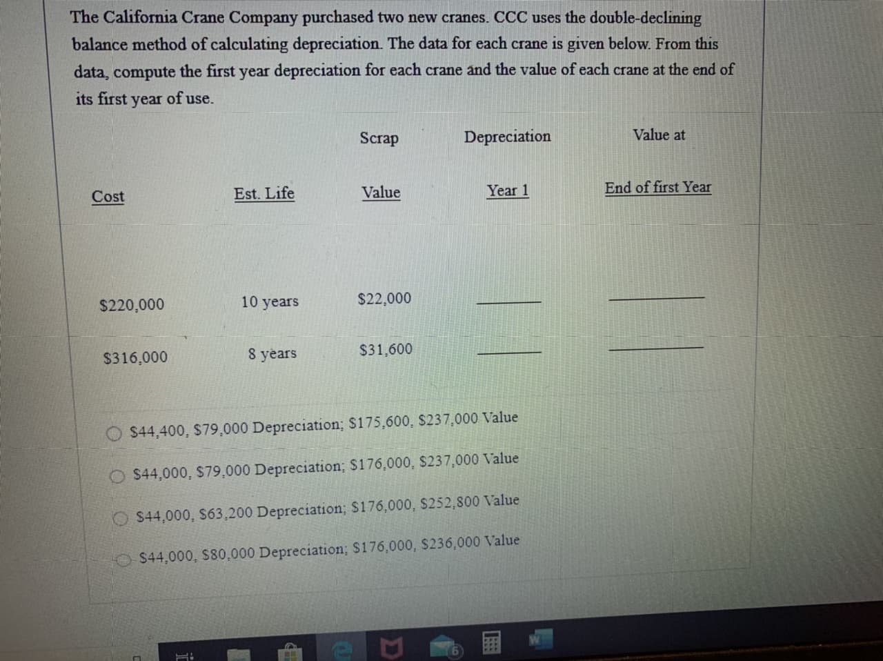 The California Crane Company purchased two new cranes. CCC uses the double-declining
balance method of calculating depreciation. The data for each crane is given below. From this
data, compute the first year depreciation for each crane and the value of each crane at the end of
its first year of use.
Scrap
Depreciation
Value at
Cost
Est. Life
Value
Year 1
End of first Year
$220,000
10 years
$22,000
$316,000
8 years
$31,600
$44,400, $79,000 Depreciation; $175,600, $237,000 Value
O $44,000, $79,000 Depreciation; $176,000, $237,000 Value
S44,000, S63,200 Depreciation; $176,000, $252,800 Value
S44,000, S80,000 Depreciation; S176,000, S236,000 Value
