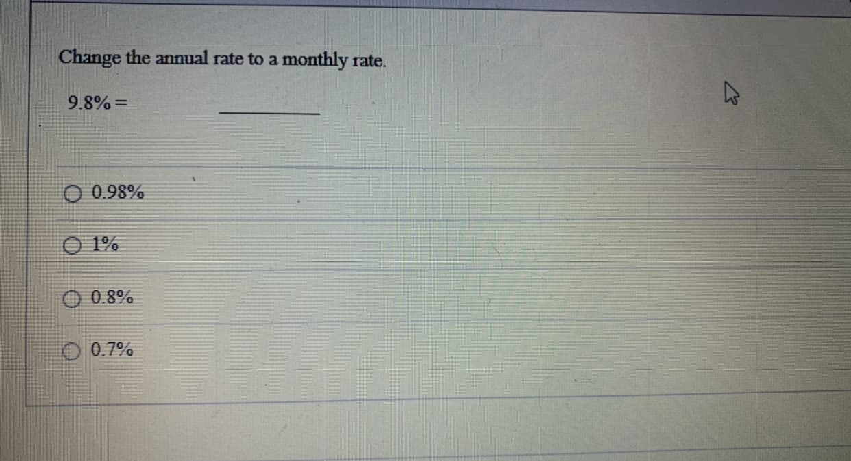 Change the annual rate to a monthly rate.
9.8% =
%3D
