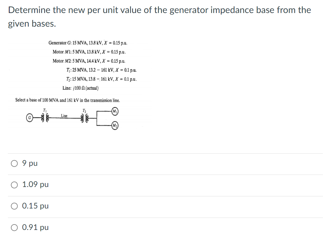 Determine the new per unit value of the generator impedance base from the
given bases.
Generator G: 15 MVA, 13.8 kV, X = 0.15 p.u.
Motor M1: 5 MVA, 13.8 kV, X = 0.15 p.u.
Motor M2: 5 MVA, 14.4 kV, X = 0.15 p.u.
T;: 25 MVA, 13.2 – 161 kV, X = 0.1 p.u.
T;:15 MVA, 13.8 –. 161 kV, X = 0.1 p.u.
Line: j100 N (actual)
Select a base of 100 MVA and 161 kV in the transmission line.
T
T2
Line
pu
1.09 pu
0.15 pu
0.91 pu
