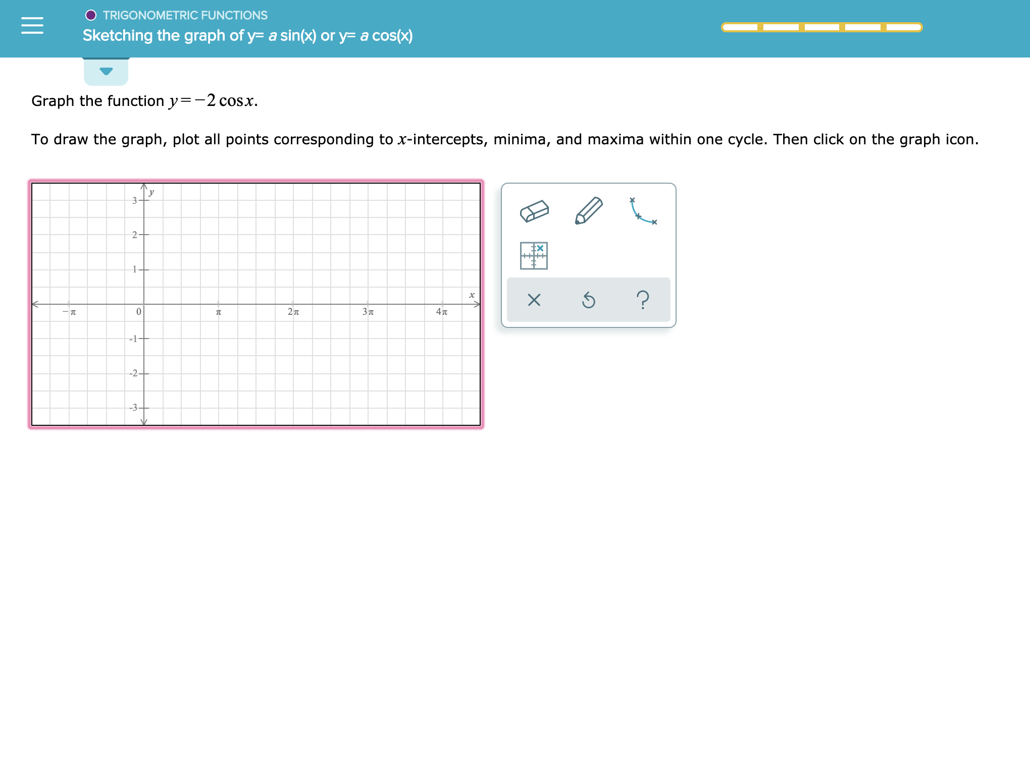 TRIGONOMETRIC FUNCTIONS
Sketching the graph of y- a sin(x) or y= a cos(x)
Graph the function y-2 cosx
To draw the graph, plot all points corresponding to x-intercepts, minima, and maxima within one cycle. Then click on the graph icon.
3
2F
1
?
27T
Зп
4Tt
-1+
-2+
-3+
