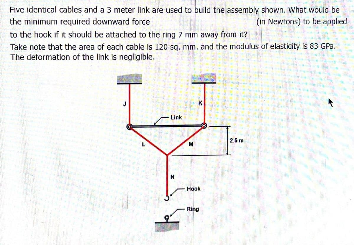 Five identical cables and a 3 meter link are used to build the assembly shown. What would be
the minimum required downward force
(in Newtons) to be applied
to the hook if it should be attached to the ring 7 mm away from it?
Take note that the area of each cable is 120 sq. mm. and the modulus of elasticity is 83 GPa.
The deformation of the link is negligible.
-
L
Link
N
M
Hook
Ring
11
2.5 m