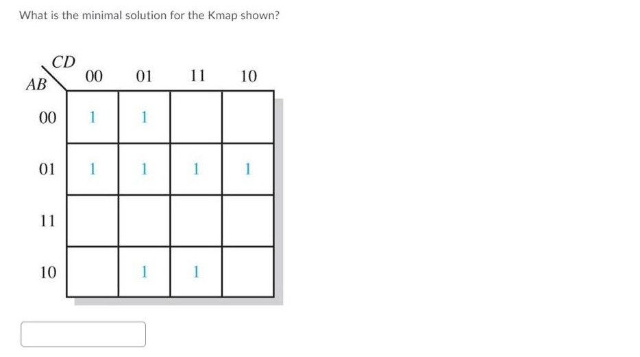 What is the minimal solution for the Kmap shown?
AB
CD
00
01
11
10
00
1
1
01
1
1
1
11 10
1
1
1