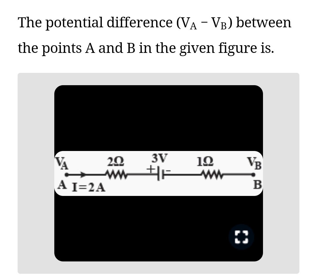 The potential difference (VA - VB) between
the points A and B in the given figure is.
3V
wwww
VA
A I=2A
202
12
VR
B