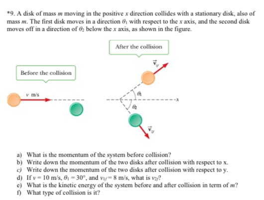 *9. A disk of mass m moving in the positive x direction collides with a stationary disk, also of
mass m. The first disk moves in a direction with respect to the x axis, and the second disk
moves off in a direction of 2 below the x axis, as shown in the figure.
After the collision
Before the collision
v m/s
a) What is the momentum of the system before collision?
b) Write down the momentum of the two disks after collision with respect to x.
c) Write down the momentum of the two disks after collision with respect to y.
d) If v= 10 m/s, 0₁-30°, and vi=8 m/s, what is v2/?
e) What is the kinetic energy of the system before and after collision in term of m?
f) What type of collision is it?