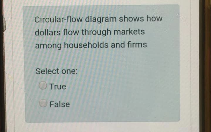 Circular-flow diagram shows how
dollars flow through markets
among households and firms
Select one:
OTrue
False

