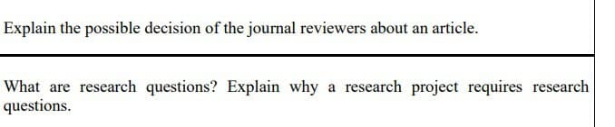 Explain the possible decision of the journal reviewers about an article.
What are research questions? Explain why a research project requires research
questions.