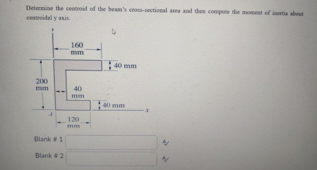 Determine the centroid of the beam's cross-sectional area and then compute the moment of inertia about
centroidal y axis.
200
mm
A
Blank # 1
Blank # 2
160
mm
40
mm
120
mm
40 mm
40 mm
X
4