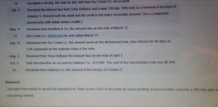 14
Accepted a 60-day, 9% note for $62,400 from Dry Creek Co. on account
Apr. 3
Received the interest due from Trina Gelhaus and a new 120-day, 10% note as a renewal of the loan of
January 3. (Record both the debit and the credit to the notes receivable account Use a compound
journal entry with debits belore credits)
May 11
Received from Bradford & Co. the amount due on the note of March 12.
13.
Dry Creek Co. dishonored its note dated March 14.
July 12
Received from Dry Creek Co. the amount owed on the dishonored note, plus interest for 60 days at
12% computed on the maturity value of the note
Aug 1.
Received from Trina Gelhaus the amount due on her note of April 3.
Oct 5
Sold merchandise on account to Halloran Co, $14,900 The cost of the merchandise sold was $8.940
15
Received from Halloran Co. the amount of the invoice of October 5
Required:
Journalize the entries to record the transactions Refer to the Chart of Accounts for exact wording of account tiles Assume a 360-day year w
calculating interest
